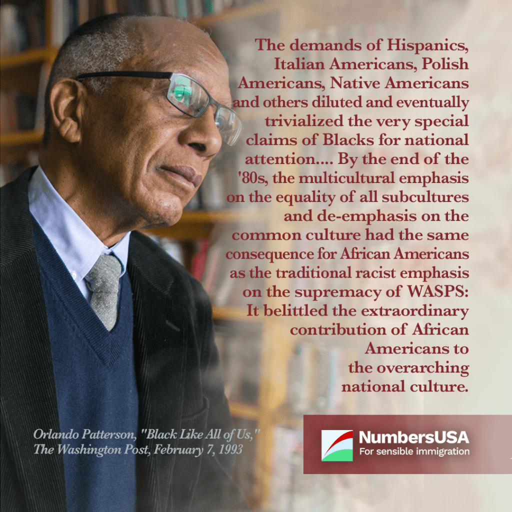 Orlando Patterson: mass immigration "diluted and eventually trivialized the very special claims of Blacks for national attention."